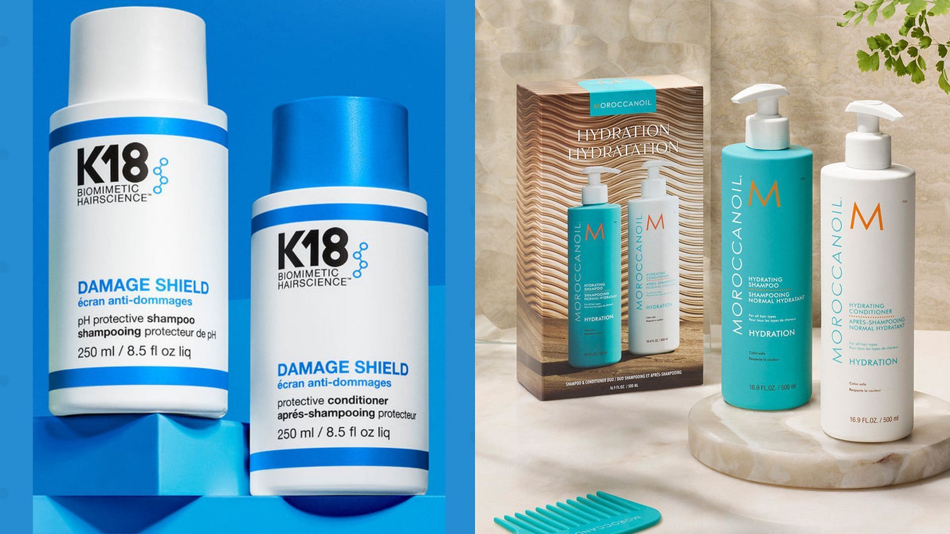 Shampoo and conditioner for color-treated hair (Image via K18 Hair, Moroccanoil)
