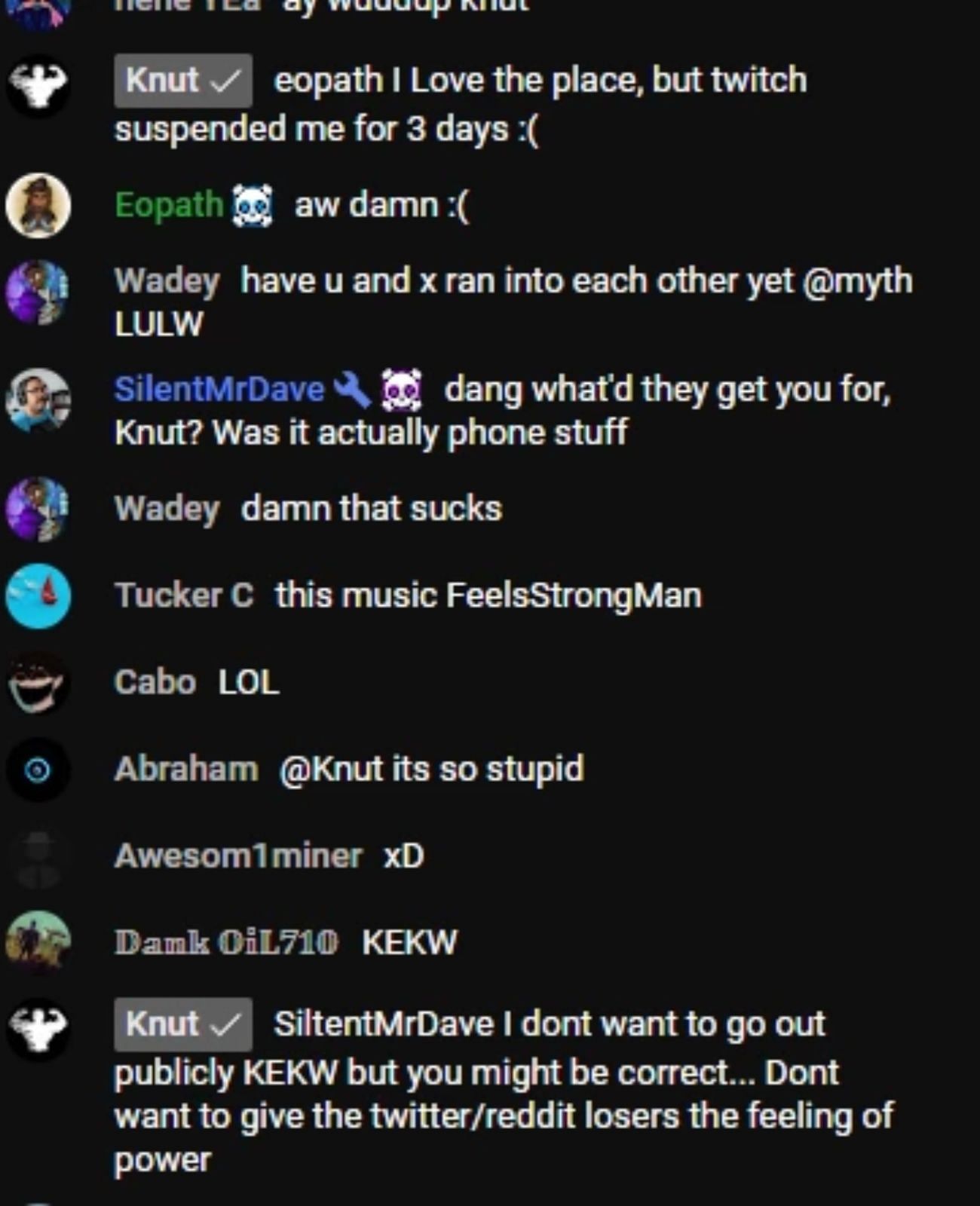 The streamer commented on his ban in Myth&#039;s chat (Image via Myth/Twitch)