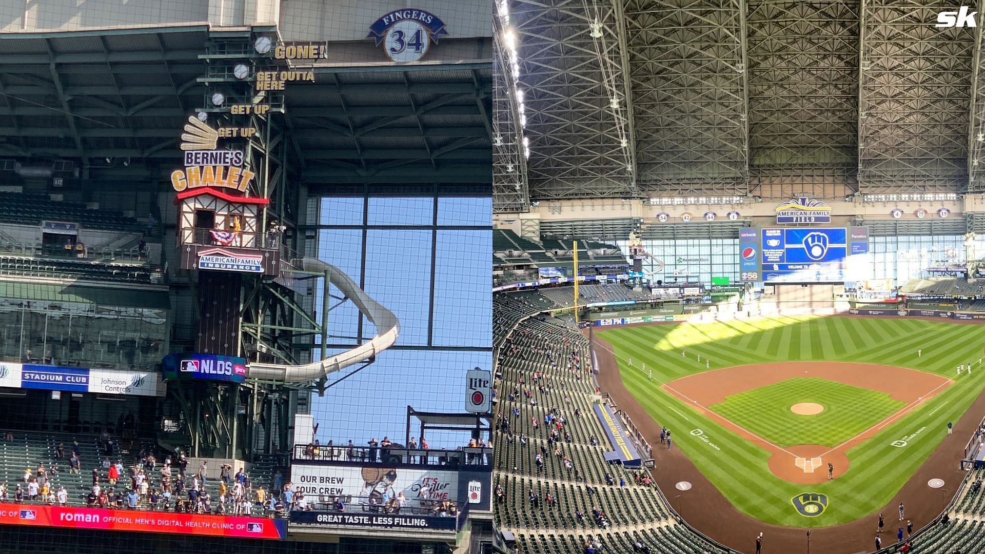 Retractable closed roof and a playful slide near the second-tier seatings inside the American Family Field