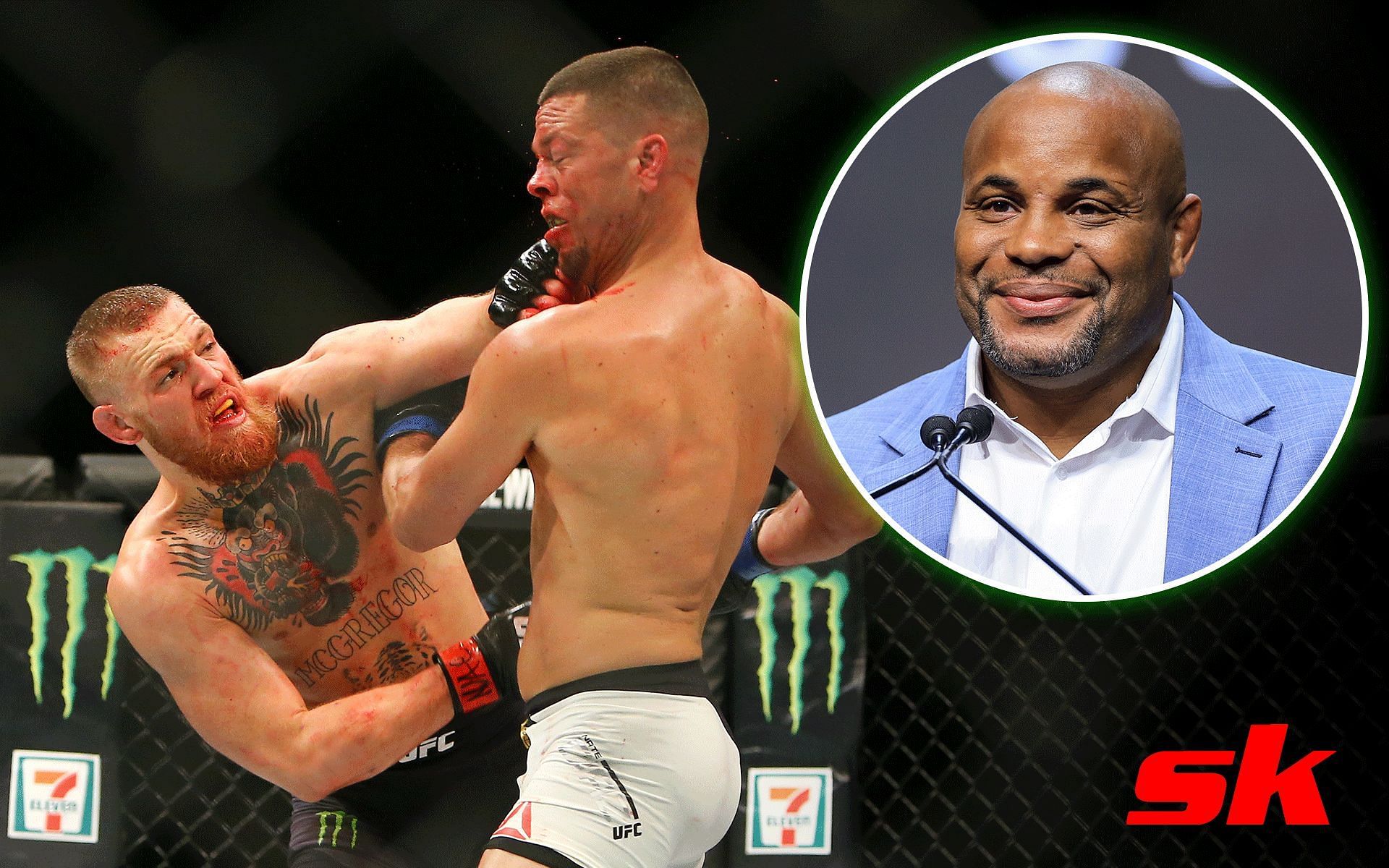 Conor McGregor (left) punches Nate Diaz (middle) during their fight at UFC 196; Daniel Cormier (right) [Images courtesy: Getty Images]