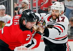 WATCH: Brendan Smith's hit on Connor Bedard sparks Nick Foligno to drop the gloves in the second period of Devils vs Blackhawks