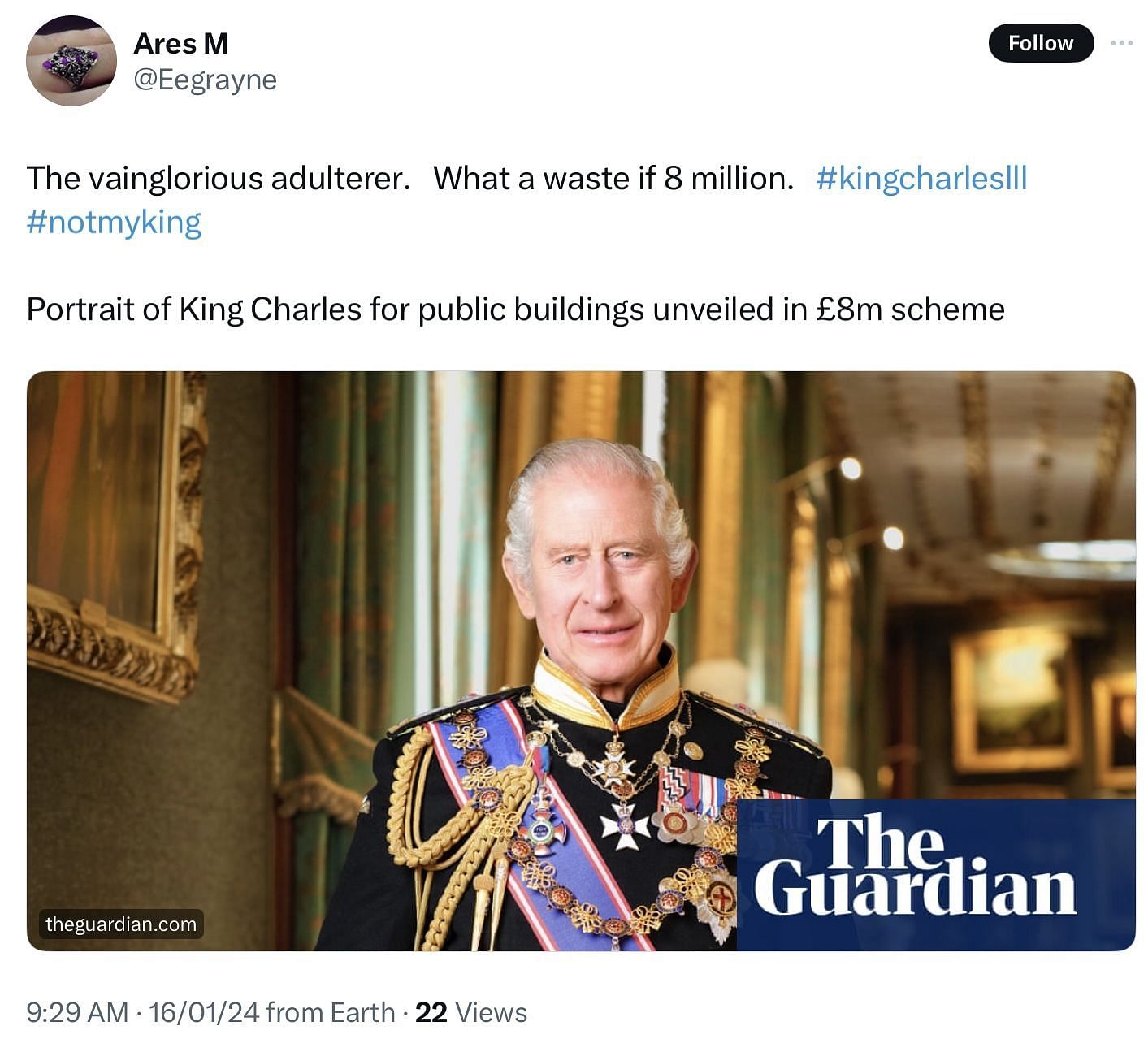 People on X react to King Charles&#039; portrait (Image via @Eegrayne/X)
