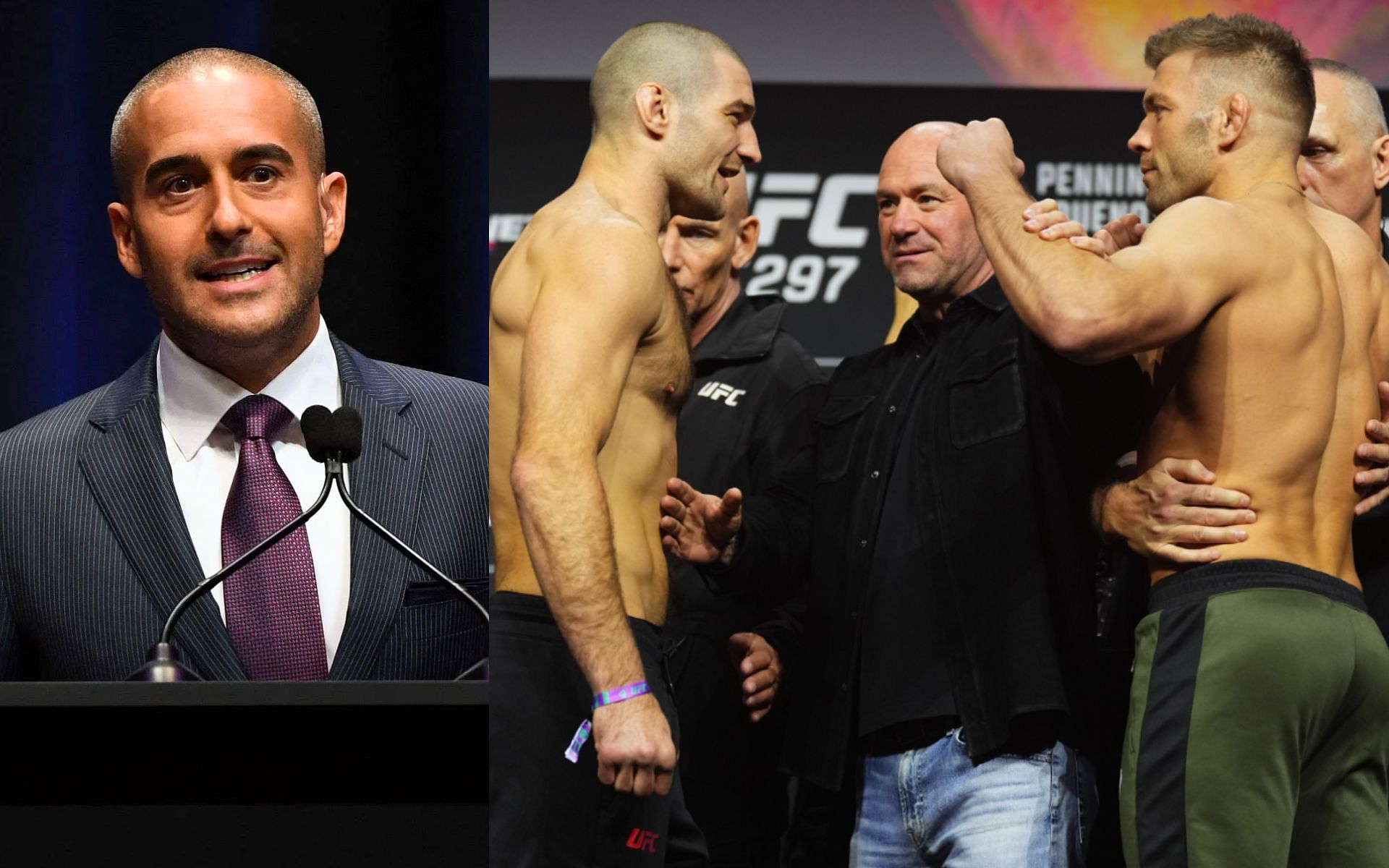 Jon Anik (left) names ideal opponents for Sean Strickland and Dricus du Plessis (right) depending on UFC 297 outcome [Images Courtesy: @GettyImages and @ufc on X]