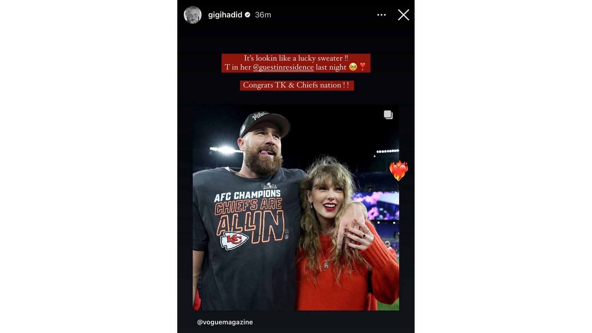 Gigi Hadid shares Taylor Swift and Travis Kelce&#039;s photo on her IG story