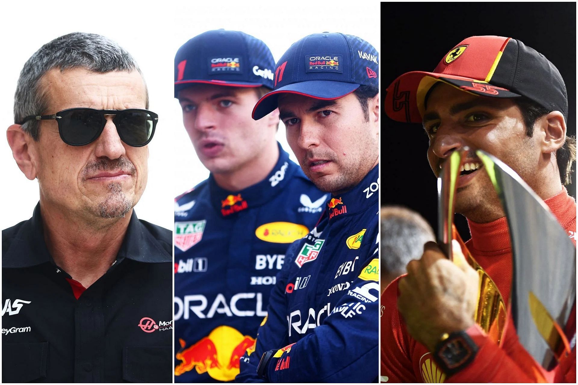 Guenther Steiner (L), Max Verstappen and Sergio Perez (C), and Carlos Sainz (R) (Collage via Sportskeeda)