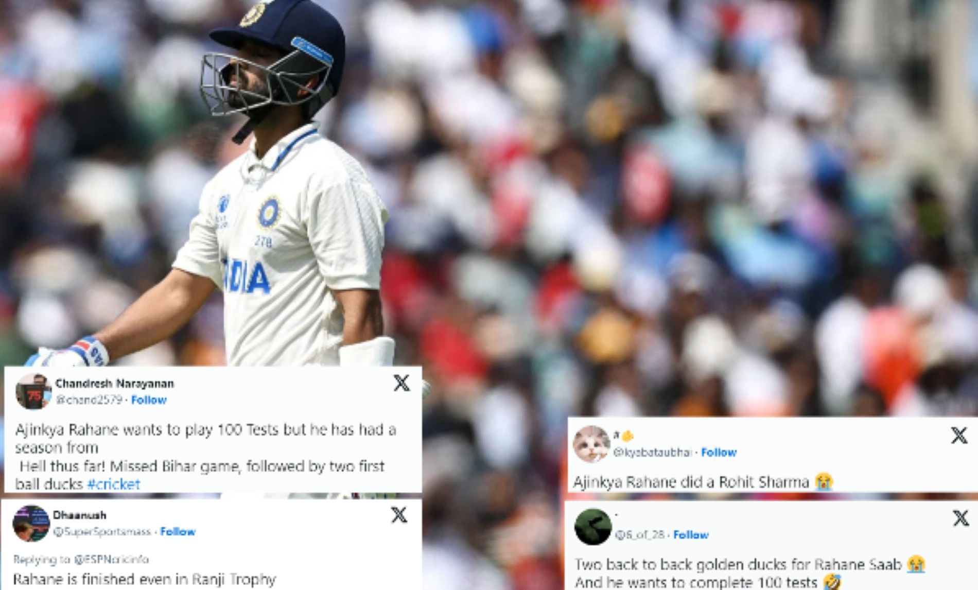 "Rahane is finished even in Ranji Trophy" - Fans react to Mumbai skipper registering 2nd consecutive golden duck against Kerala