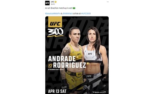 UFC's tweet announcing Andrade vs. Rodriguez [Image courtesy: @ufc - X]