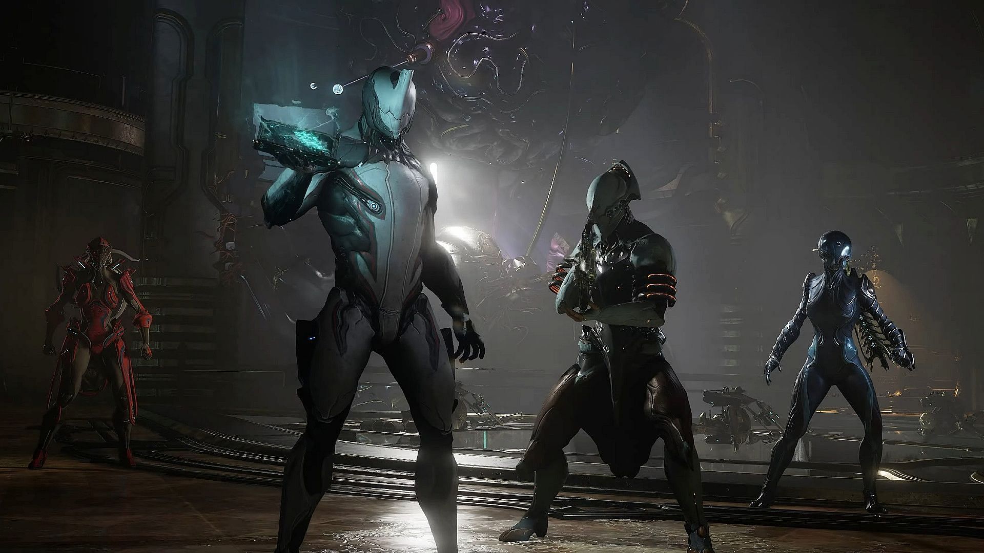 Four Warframes in the Entrati Lab, Excalibur holding a Grimoire, key art for Whispers update