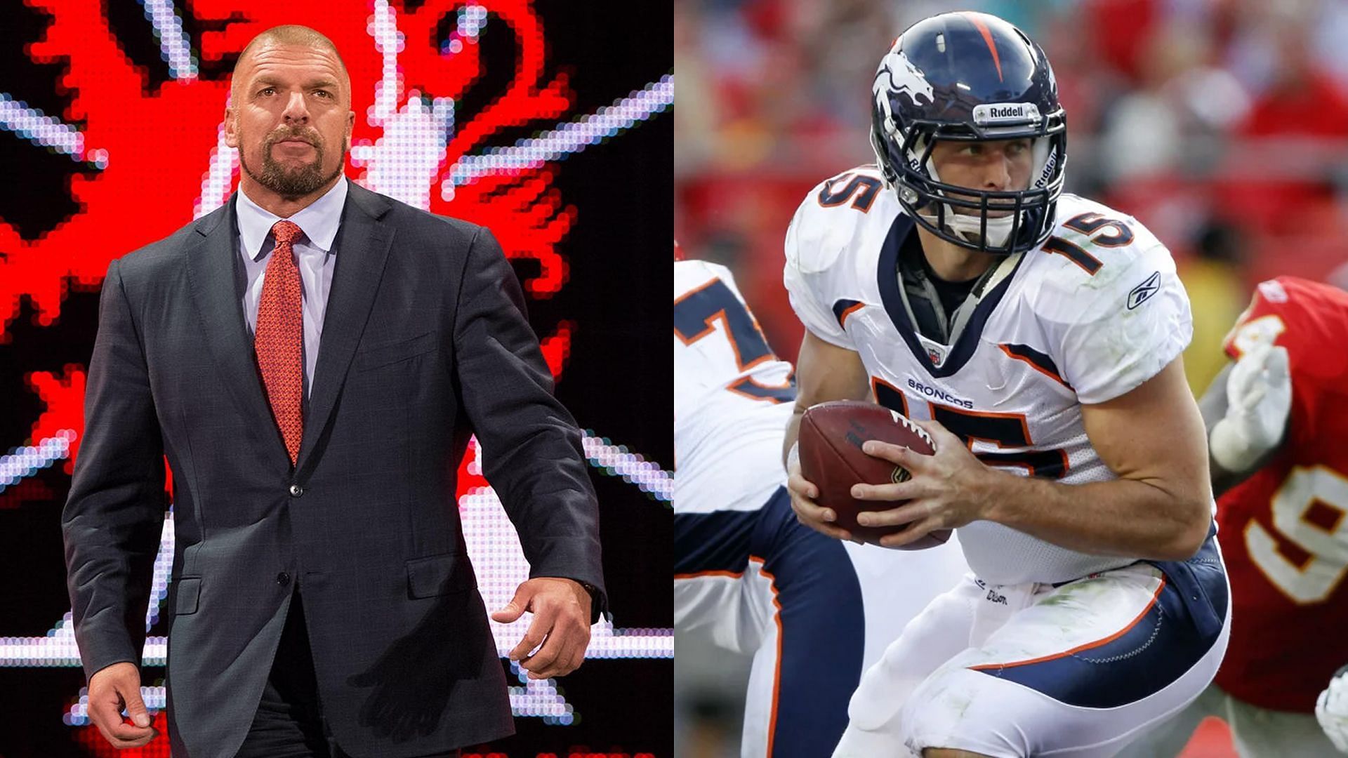 WWE CCO Triple H (left) and former NFL quarterback Tim Tebow (right)
