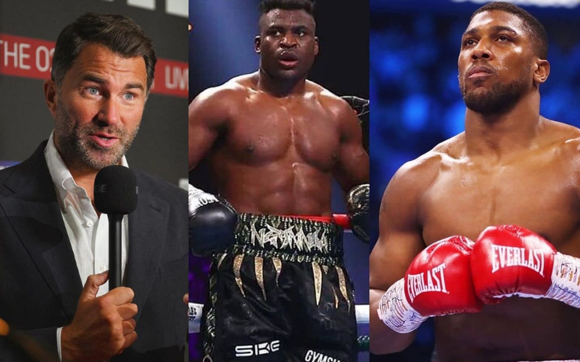 Eddie Hearn (left) explains why Francis Ngannou (middle) is a dangerous opponent for Anthony Joshua (right) [Images Courtesy: @eddiehearn and @francisngannou on Instagram]