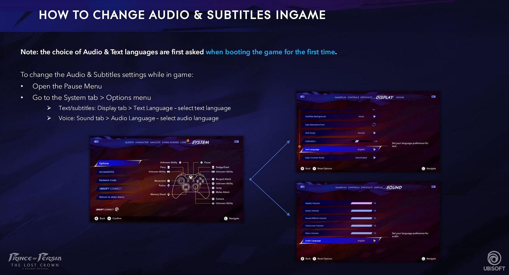 Audio and subtitle settings in Prince of Persia (Image via Ubisoft)