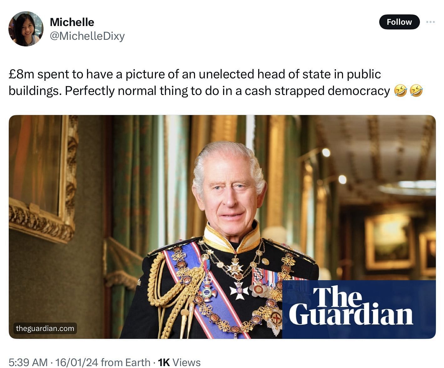 People on X react to King Charles&#039; portrait (Image via @MichelleDixy/X)
