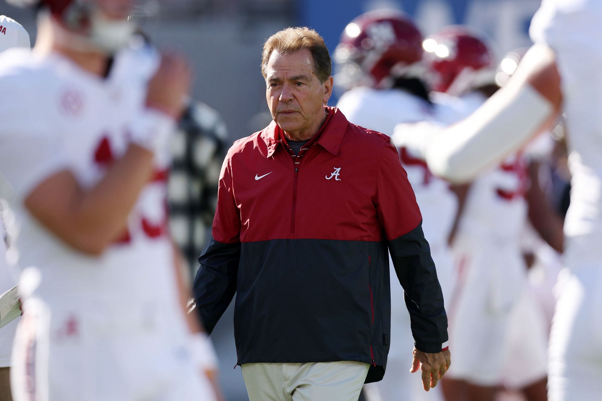 PASADENA, CALIFORNIA - JANUARY 01: Head coach Nick Saban of the Alabama Crimson Tide before the CFP Semifinal Rose Bowl Game against the Michigan Wolverines at Rose Bowl Stadium on January 01, 2024 in Pasadena, California. (Photo by Harry How/Getty Images)
