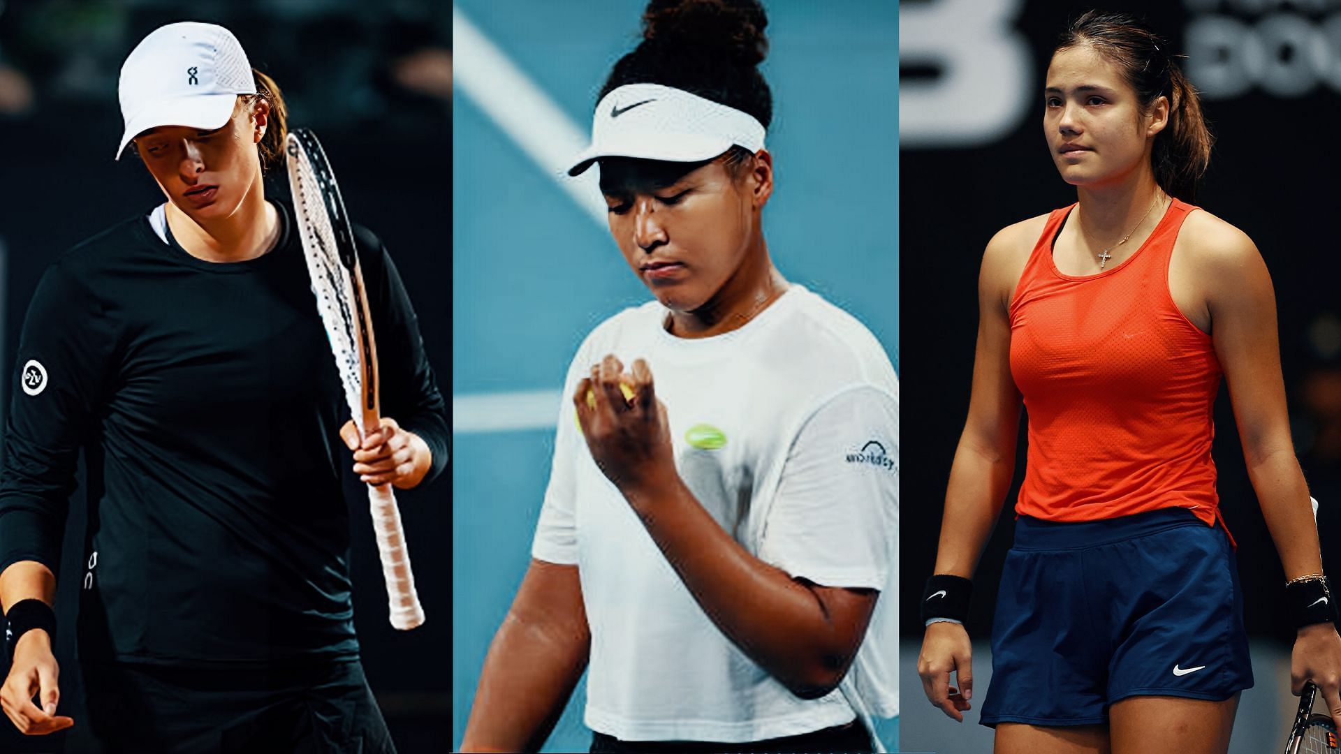 Iga Swiatek (L), Naomi Osaka (centre) and Emma Raducanu (R)