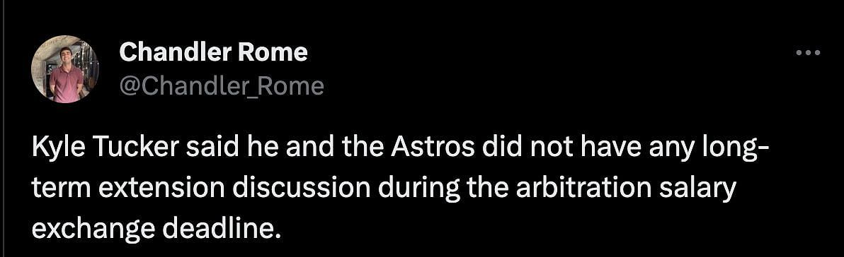 Despite avoiding arbitration with a $12 million salary, Kyle Tucker has not engaged in any long-term extension talks with the Houston Astros. 