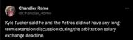 Despite avoiding arbitration with a $12 million salary, Kyle Tucker has not engaged in any long-term extension talks with the Houston Astros.
