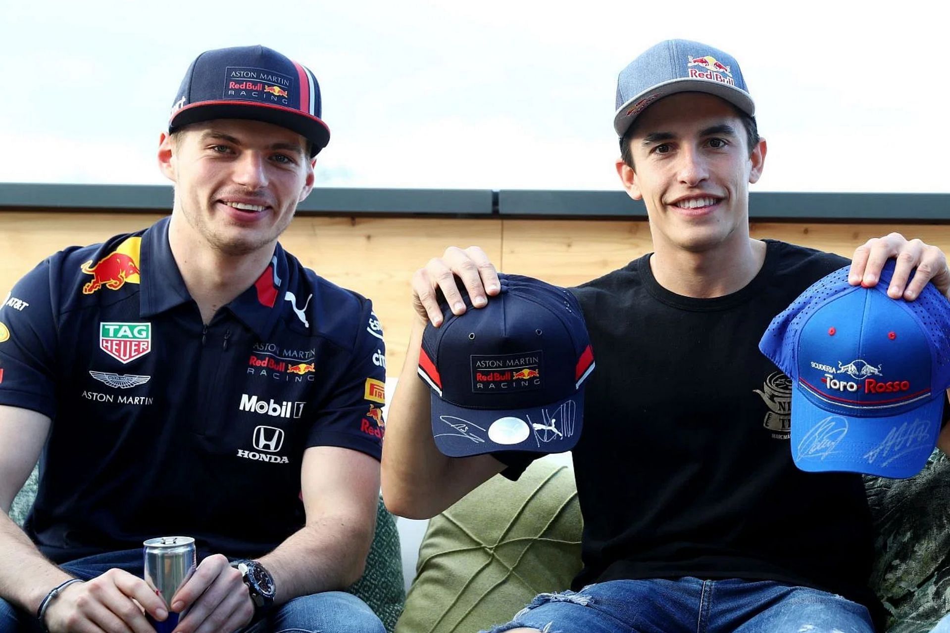 Marc Marquez meets Max Verstappen after practice for the 2019 F1 Spanish Grand Prix. (Photo by Mark Thompson/Getty Images)