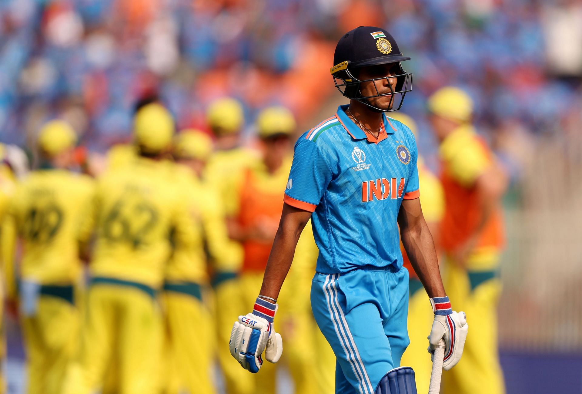 Shubman Gill walks back after being dismissed in the 2023 World Cup final