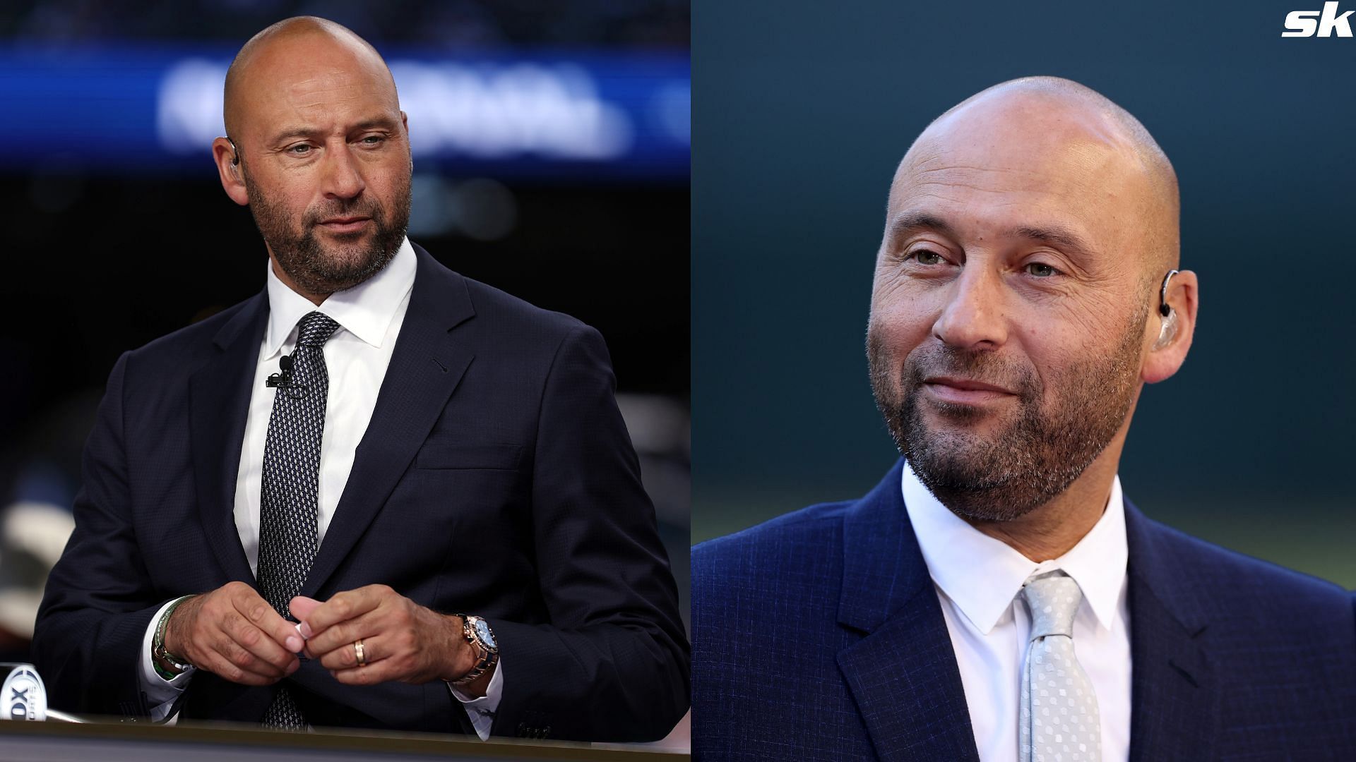 Former member of the New York Yankees Derek Jeter commentates before Game Three of the World Series between the Texas Rangers and the Arizona Diamondbacks at Chase Field