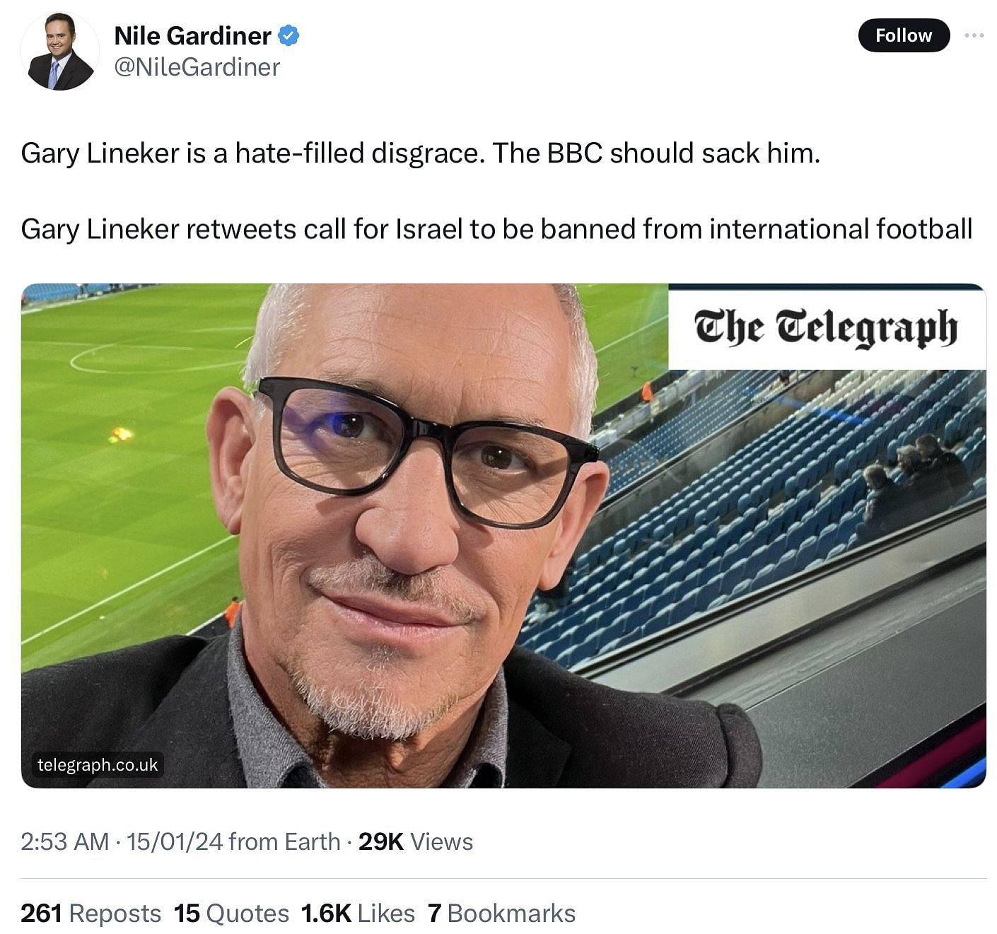 Tweets from people criticizing Lineker&#039;s call for banning Israel from sports (Image via @NileGardiner/X)