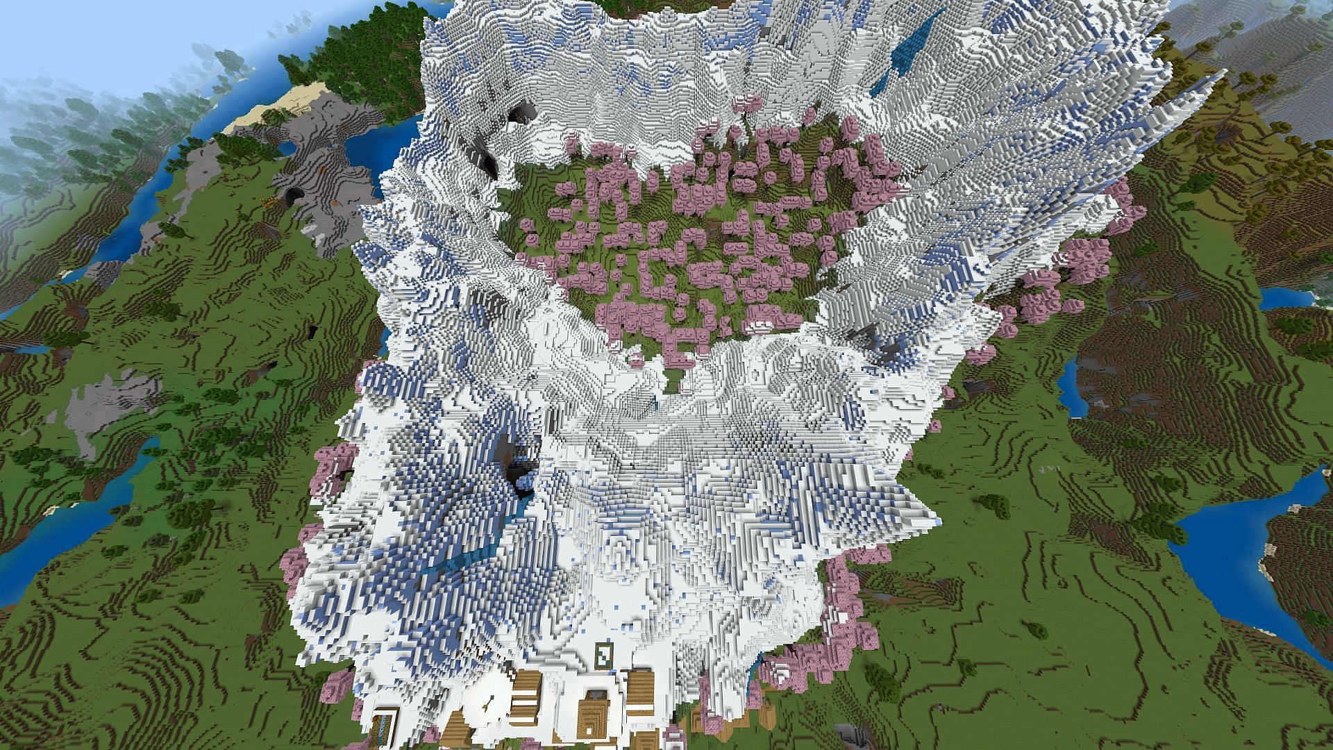 This seed has a heart-shaped valley complete with a cherry grove biome at its center (Image via Mojang)