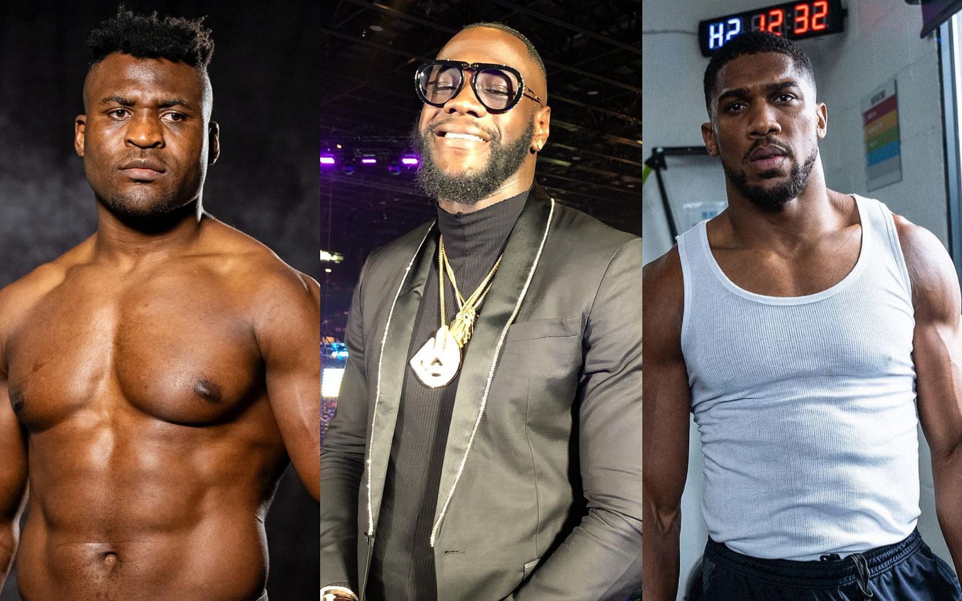 Deontay Wilder [middle] potentially fights on Francis Ngannou [left] vs. Anthony Joshua [right] undercard [Image via: @francisngannou, @anthonyjoshua and @bronzebomber on Instagram] 