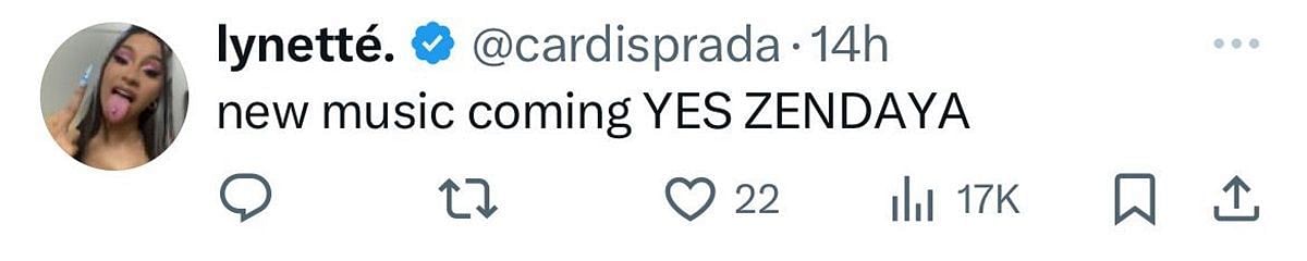 A user believes Zendaya is releasing new music (image via X/@cardisprada)