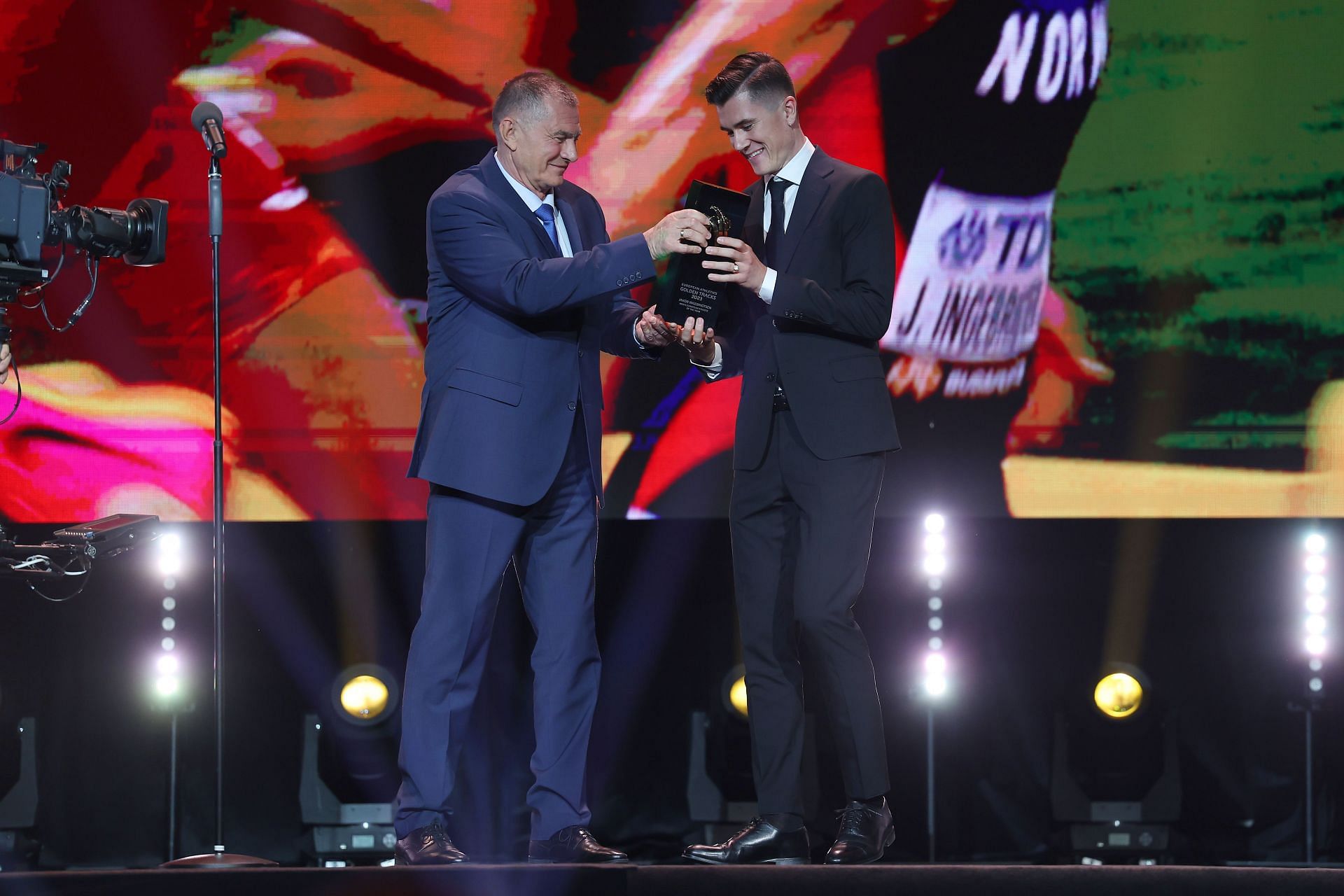 Jakob Ingebrigtsen was awarded the 2023 European Athlete of the Year title at the 2023 Golden Tracks awards (Photo by Joosep Martinson/Getty Images)