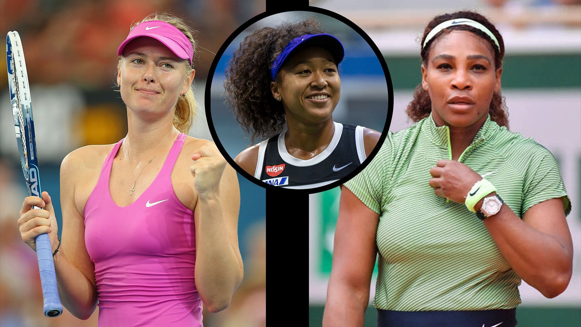 Maria Sharapova (L), Serena Williams (R), Naomi Osaka (inset)