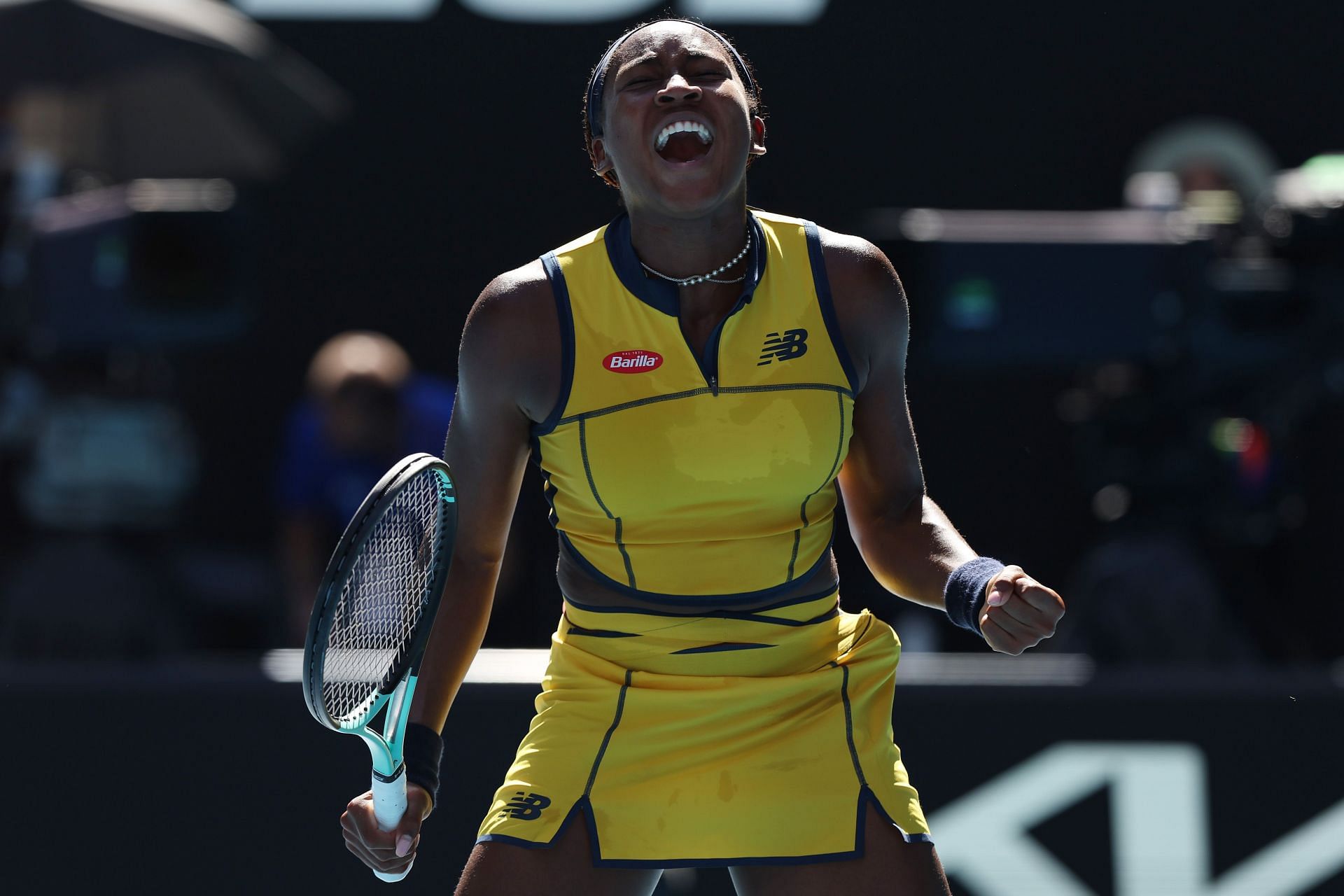 Coco Gauff celebrates her win over Marta Kostyuk at the AUstralian Open