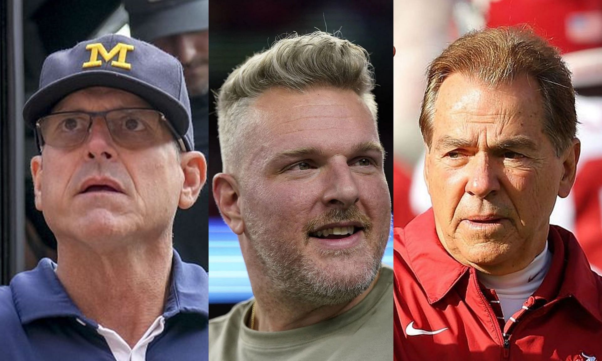 Jim Harbaugh (left), Pat McAfee (center), Nick Saban (right)