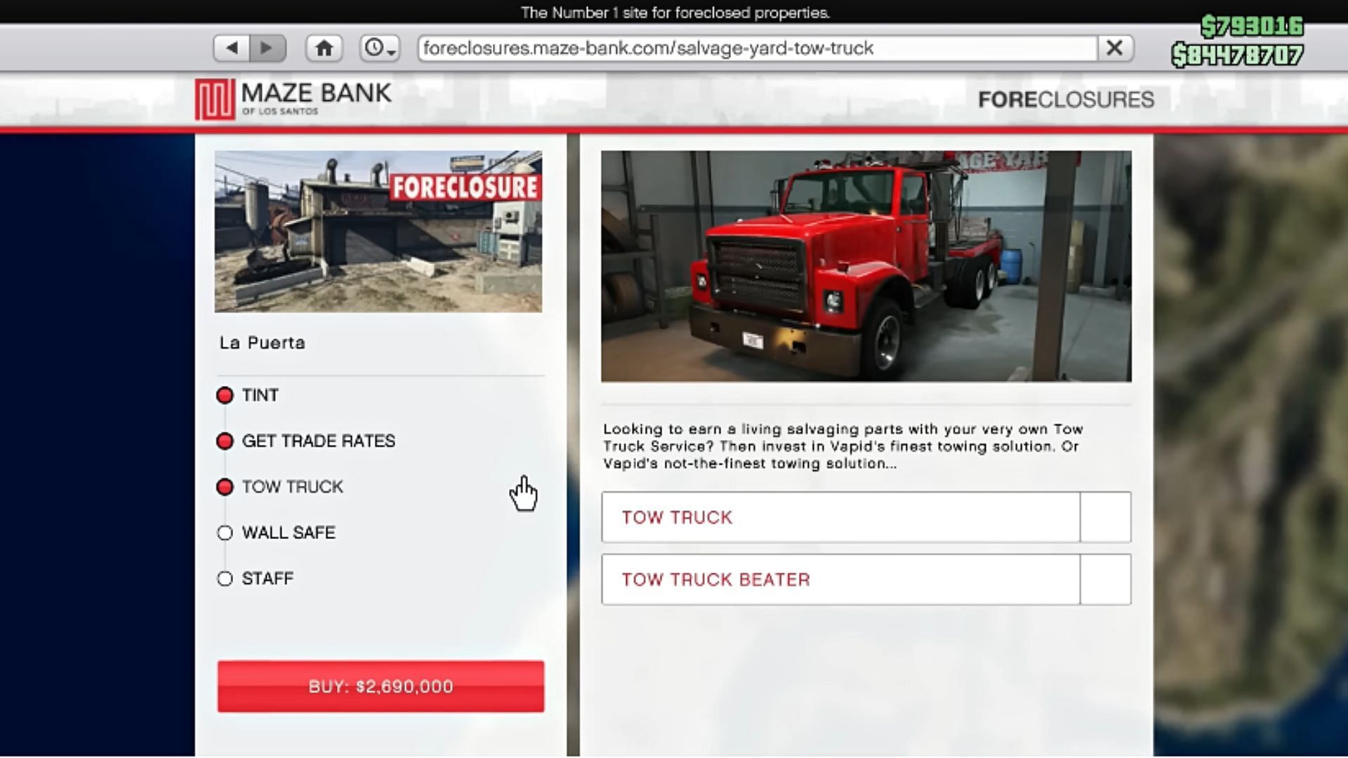 You can also equip the Tow Truck upgrade after purchasing the Salvage Yard from the same in-game website (Image via YouTube/TGG)