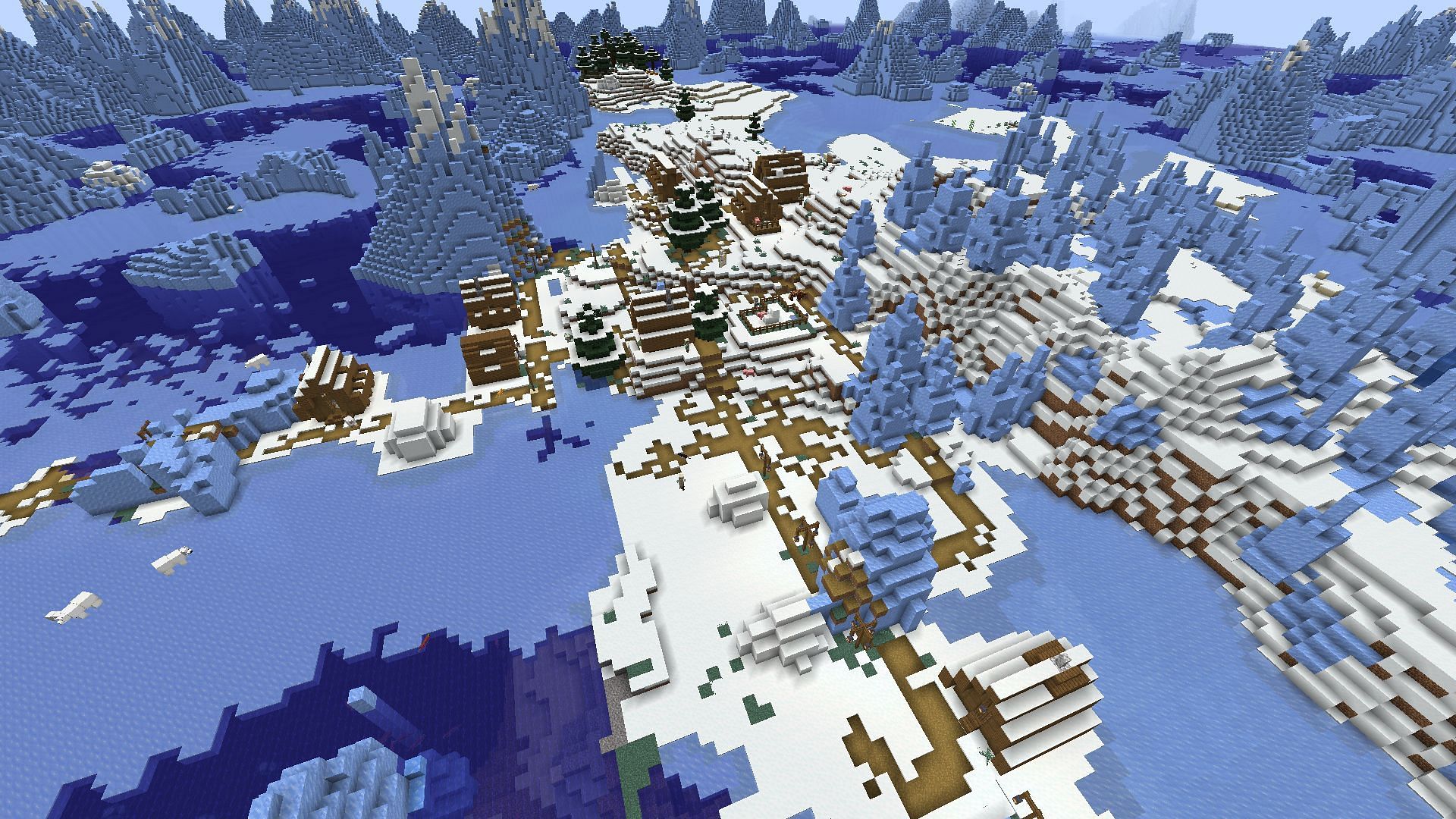 This Minecraft seed offers an ice spike village on a partially frozen ocean (Image via Powerful-Page4023/Reddit)