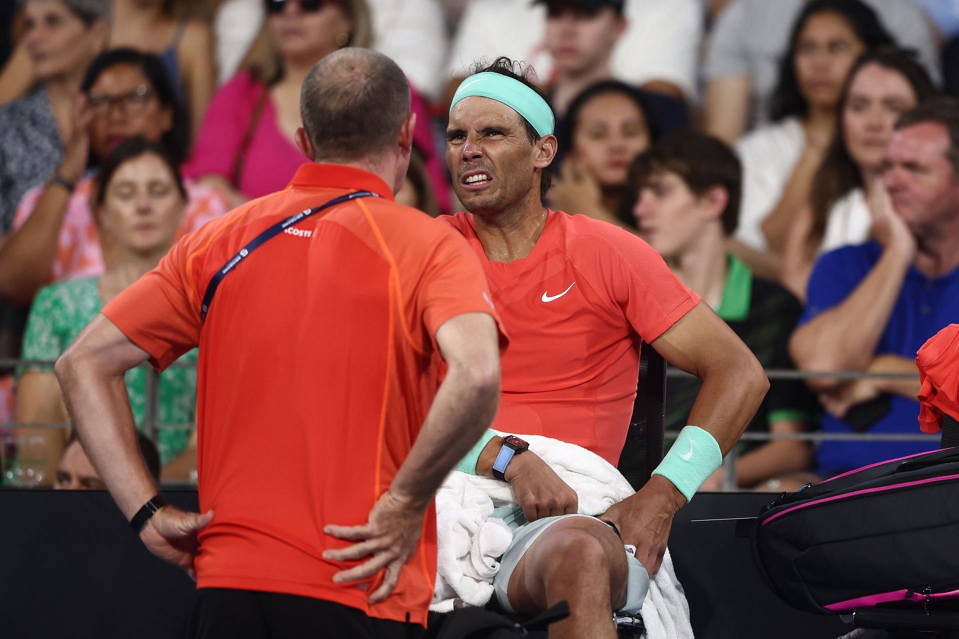 Rafael Nadal undergoes treatment during the Brisbane International