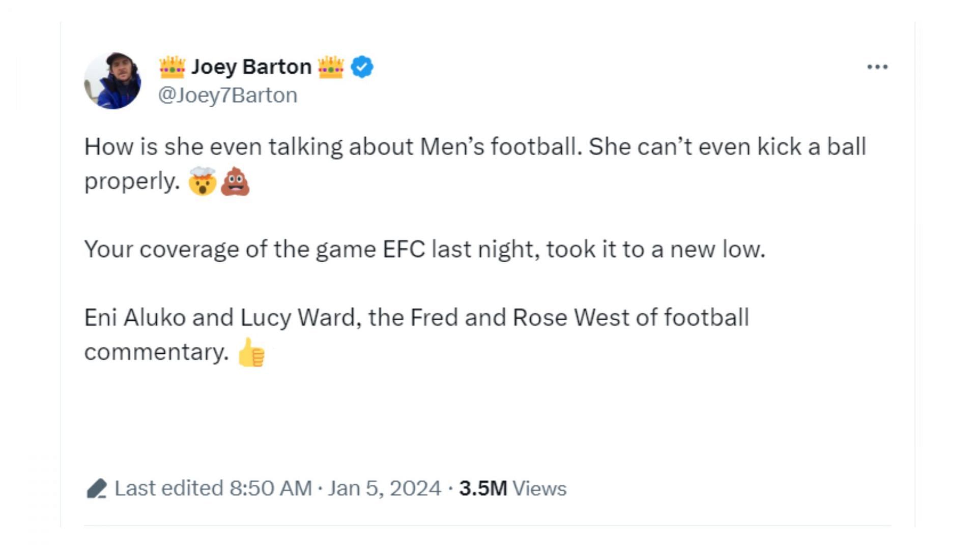 Joey Barton&#039;s tweet on Eni Aluko (Image via X/@Joey7Barton)