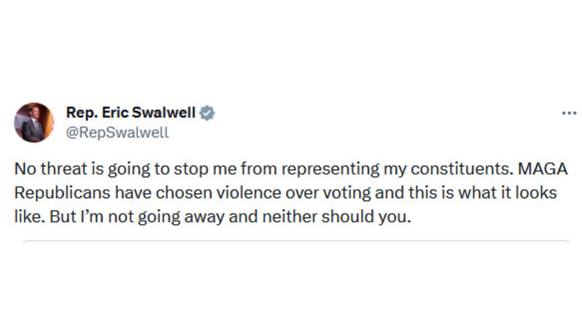 Eric Swalwell&#039;s X post that he uploaded (Image via X / @RepSwalwell)