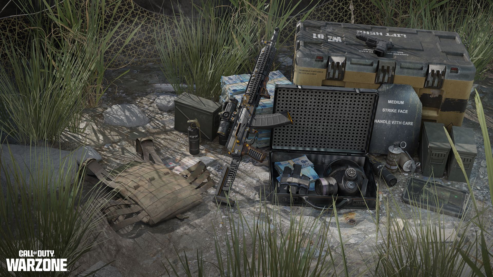 A Rifle rested against a box with a few ammo crates in Warzone 