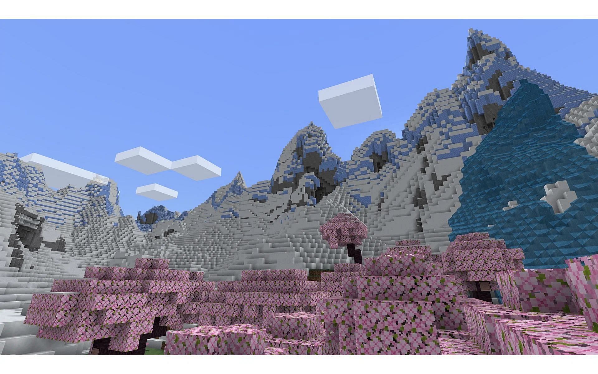 A cherry blossom biome combined with snow makes for beautiful scenery (Image via Mojang)