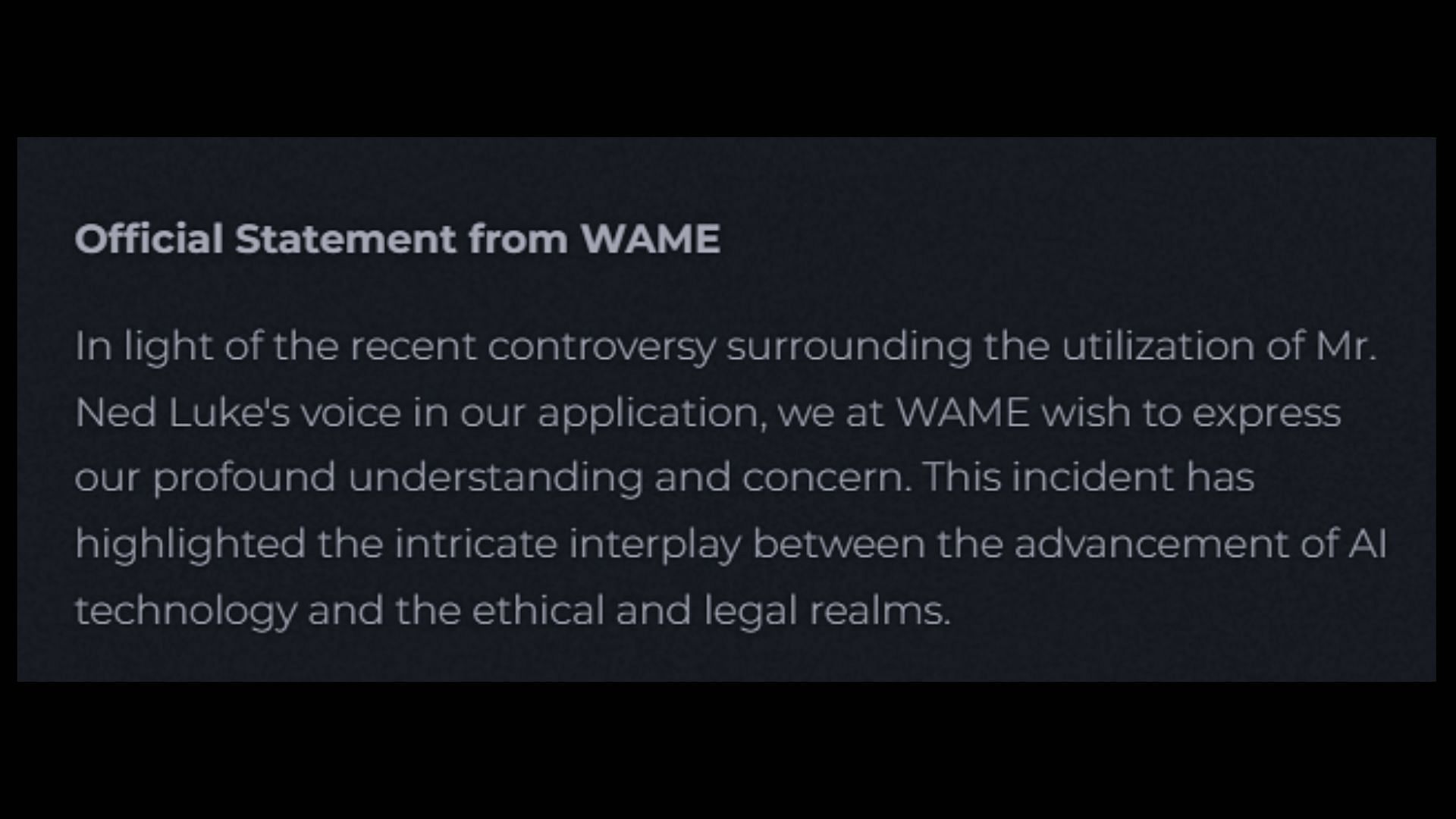 WAME&#039;s statement on the Ned Luke issue (Image via wame.xyz)