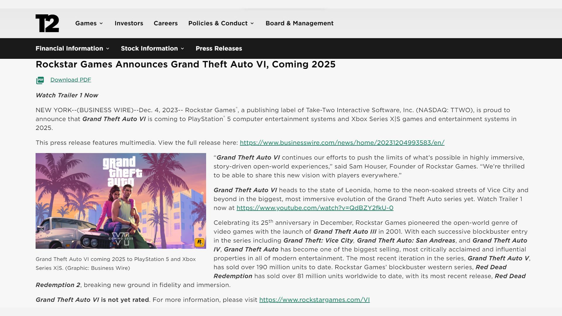 Take-Two Interactive's official newswire about Grand Theft Auto 6.  (Image via Take-Two Interactive)