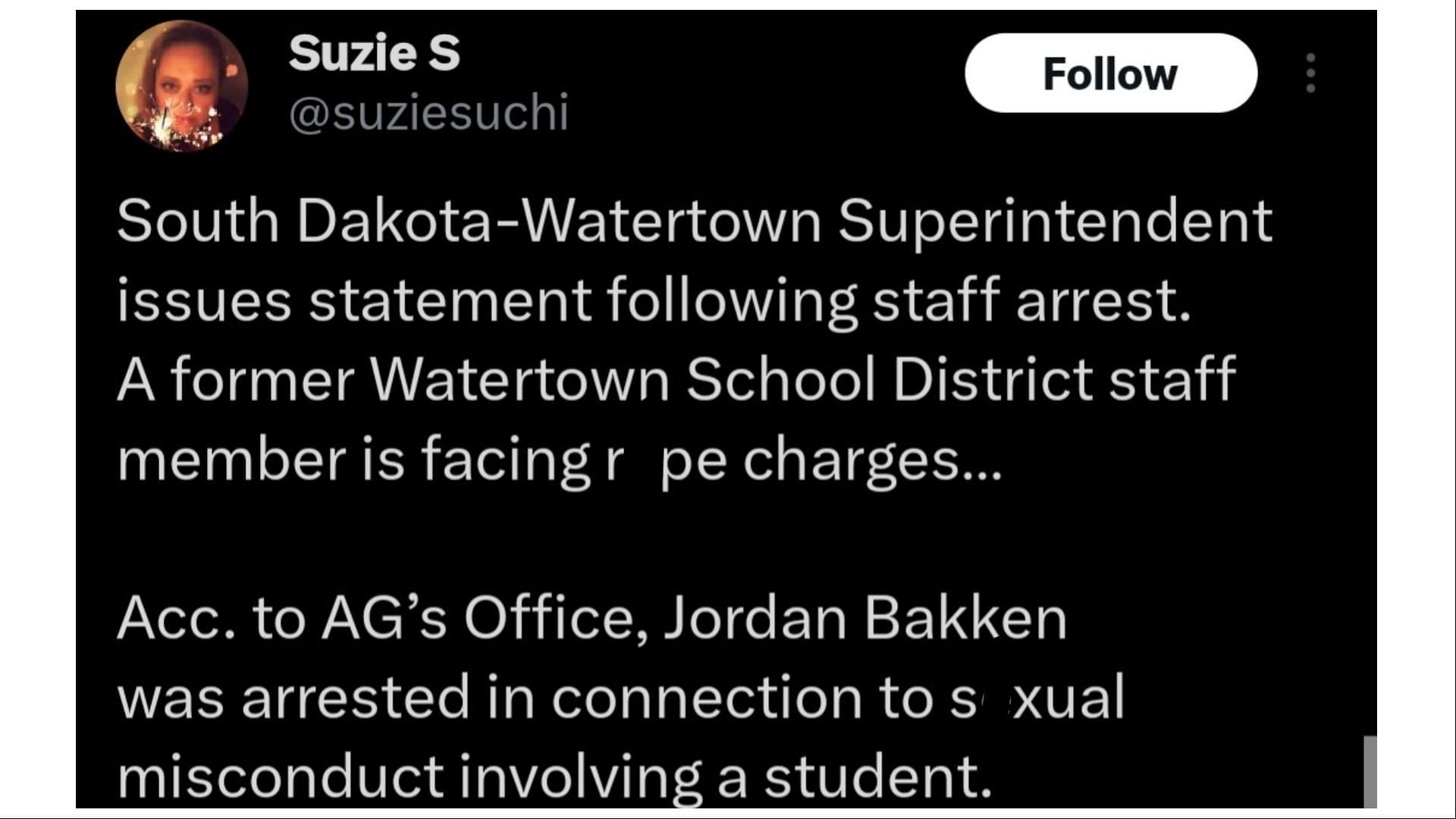 Jordan Bakken allegedly established an inappropriate relationship with a student (Image via X/Suzie S/)