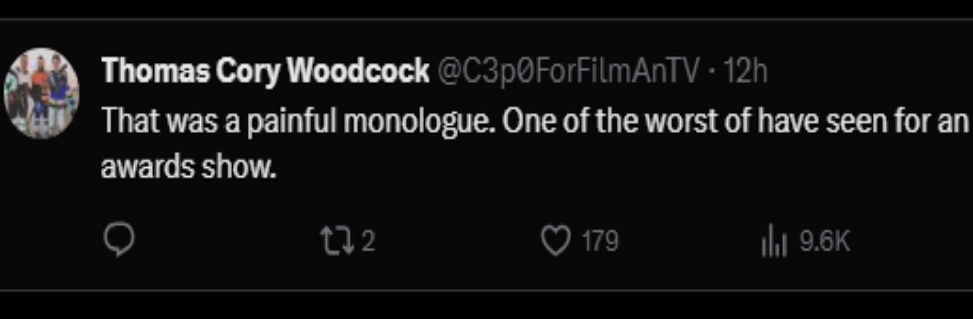 A tweet reply to the Golden Globes 2024 post about Jo Koy&#039;s monologue (Image via X)