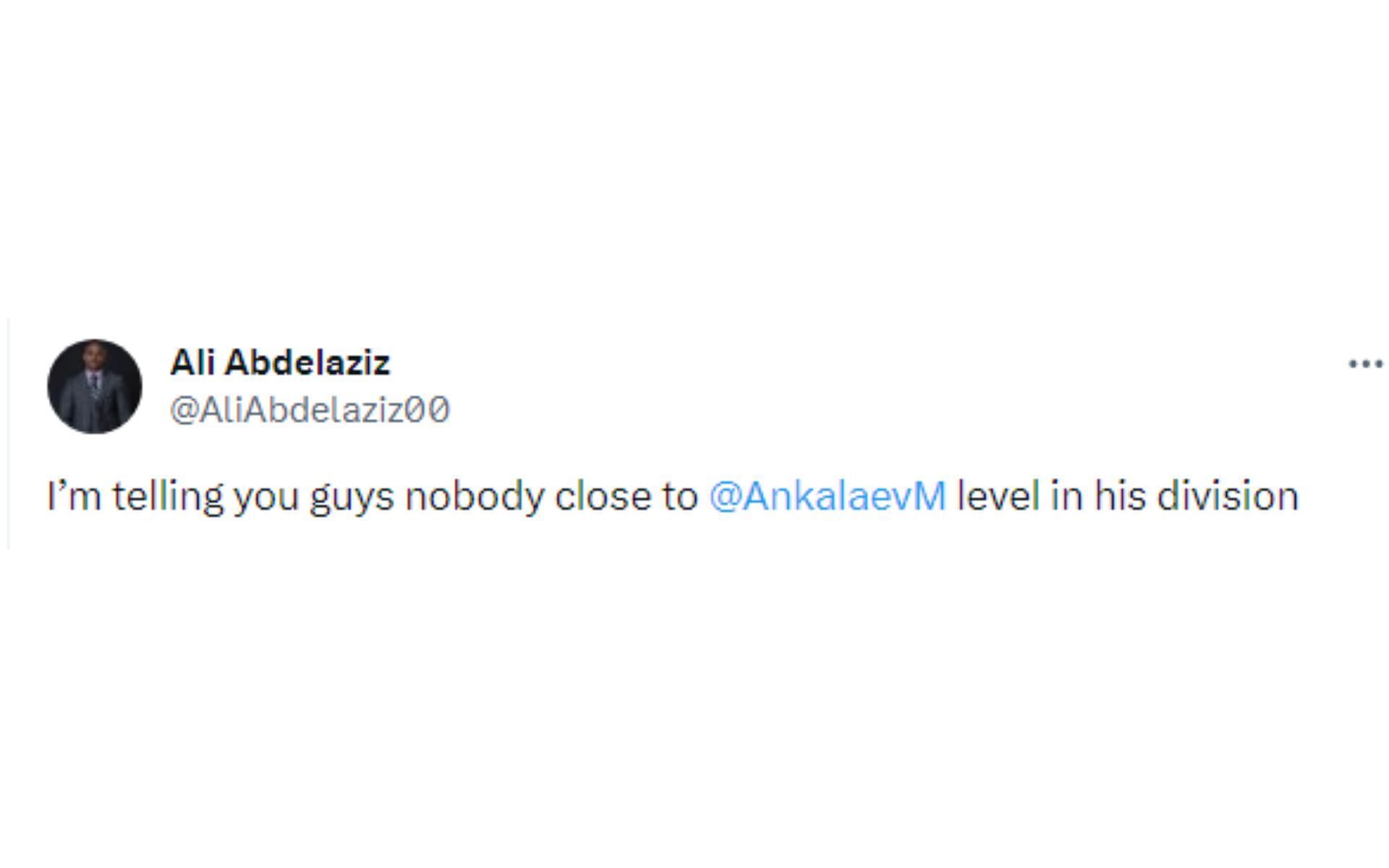 Abdelaziz&#039;s tweet teasing Magomed Ankalaev&#039;s tweet [Image courtesy: @AliAbdelaziz00 - X]