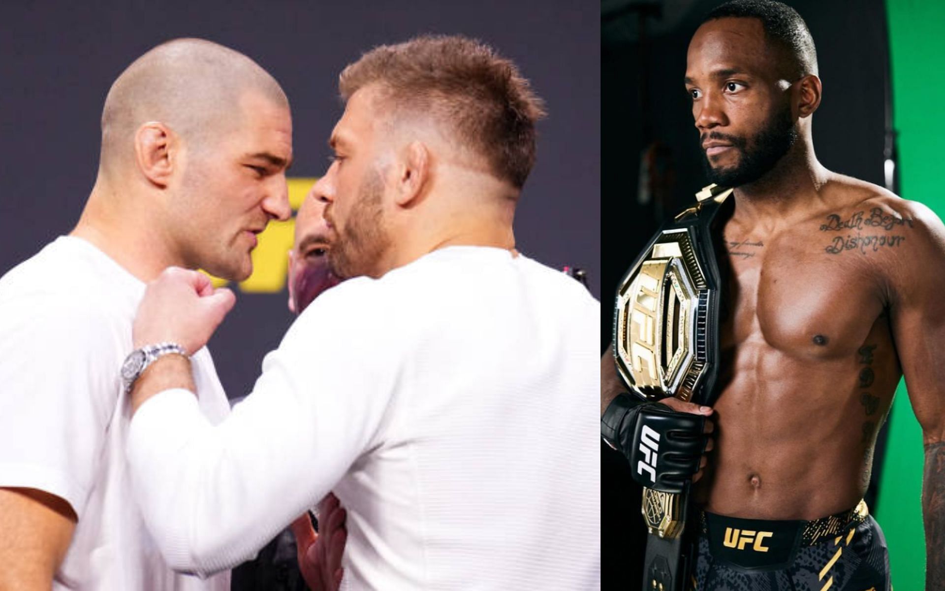 Sean Strickland (left) must remain emotionless against Dricus du Plessis (middle), says coach, who points to Leon Edwards (right) performance against Covington at UFC 296 [Images Courtesy: @GettyImages and @leonedwardsmma on Instagram]