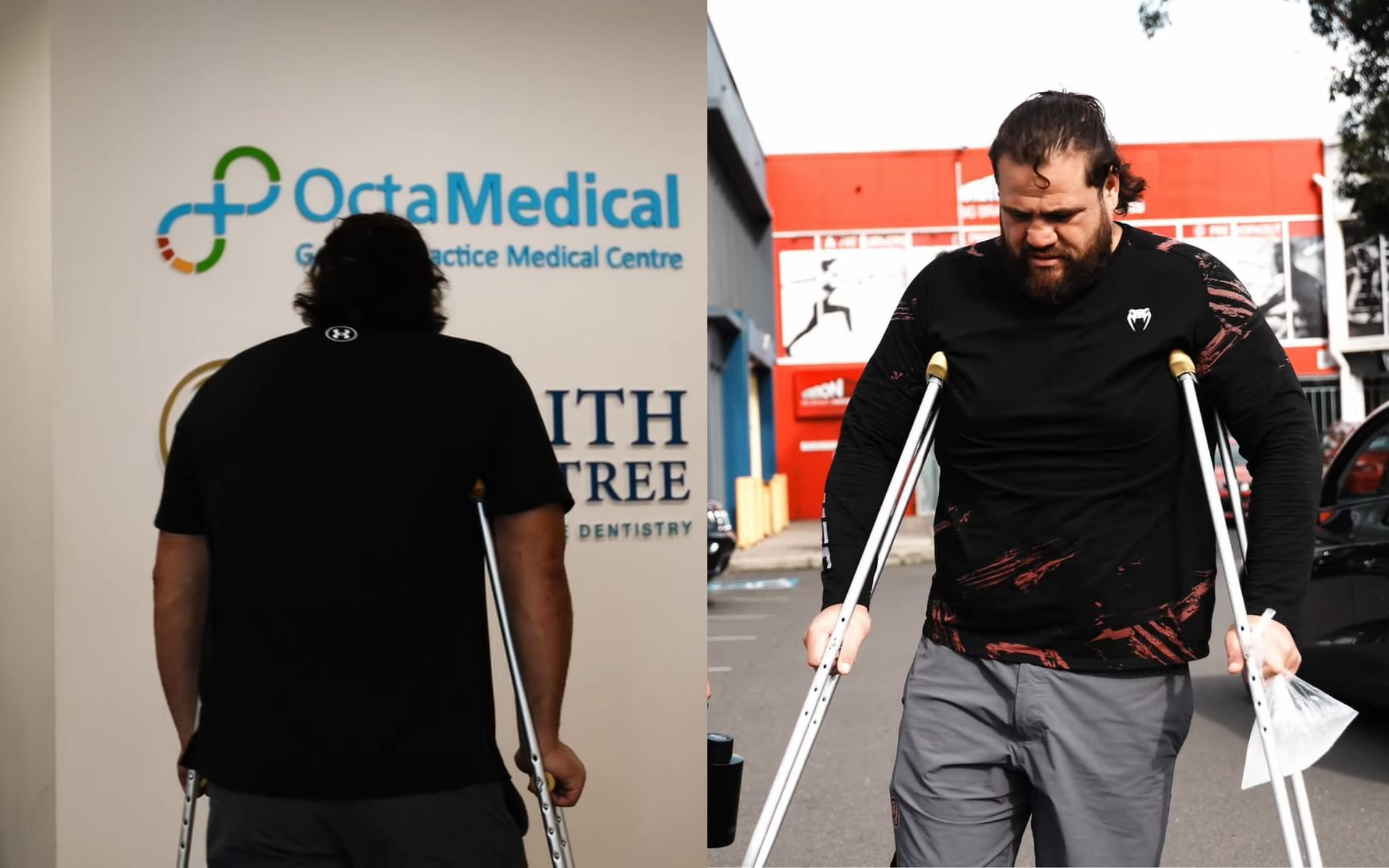 UFC heavyweight Tai Tuivasa (pictured) on crutches after suffering an injury in training [Images Courtesy: @bambamtuivasa on YouTube]