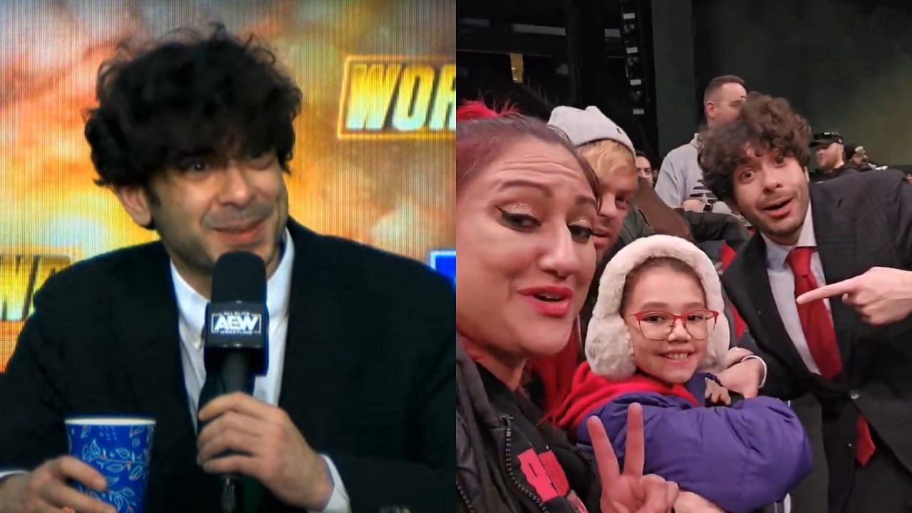 Screenshots from AEW Worlds End Media Scrum and Tony Khan meeting a fan.