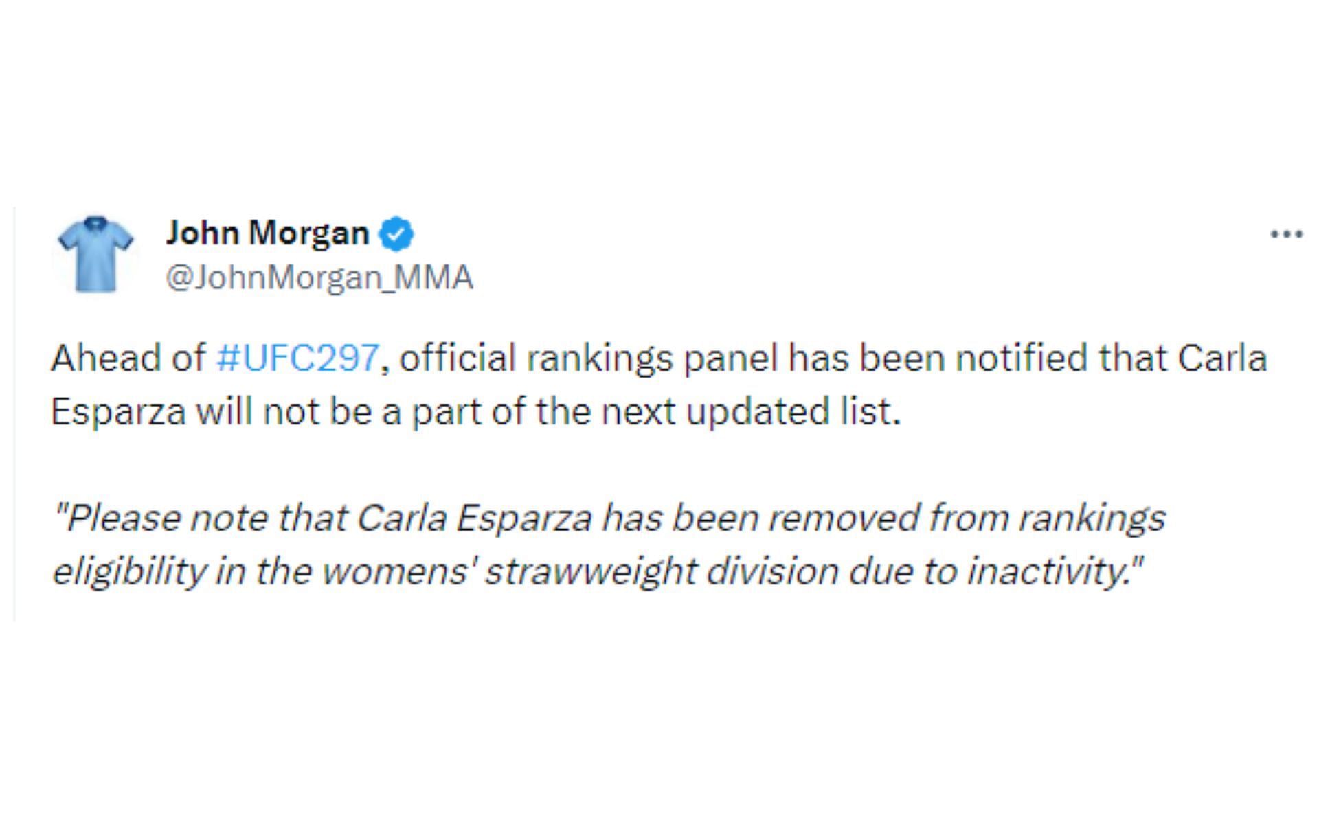 Morgan&#039;s tweet regarding Esparza being removed from UFC rankings [Image courtesy: @JohnMorgan_MMA - X]