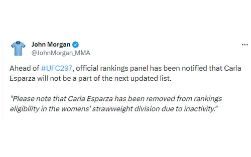 Morgan's tweet regarding Esparza being removed from UFC rankings [Image courtesy: @JohnMorgan_MMA - X]