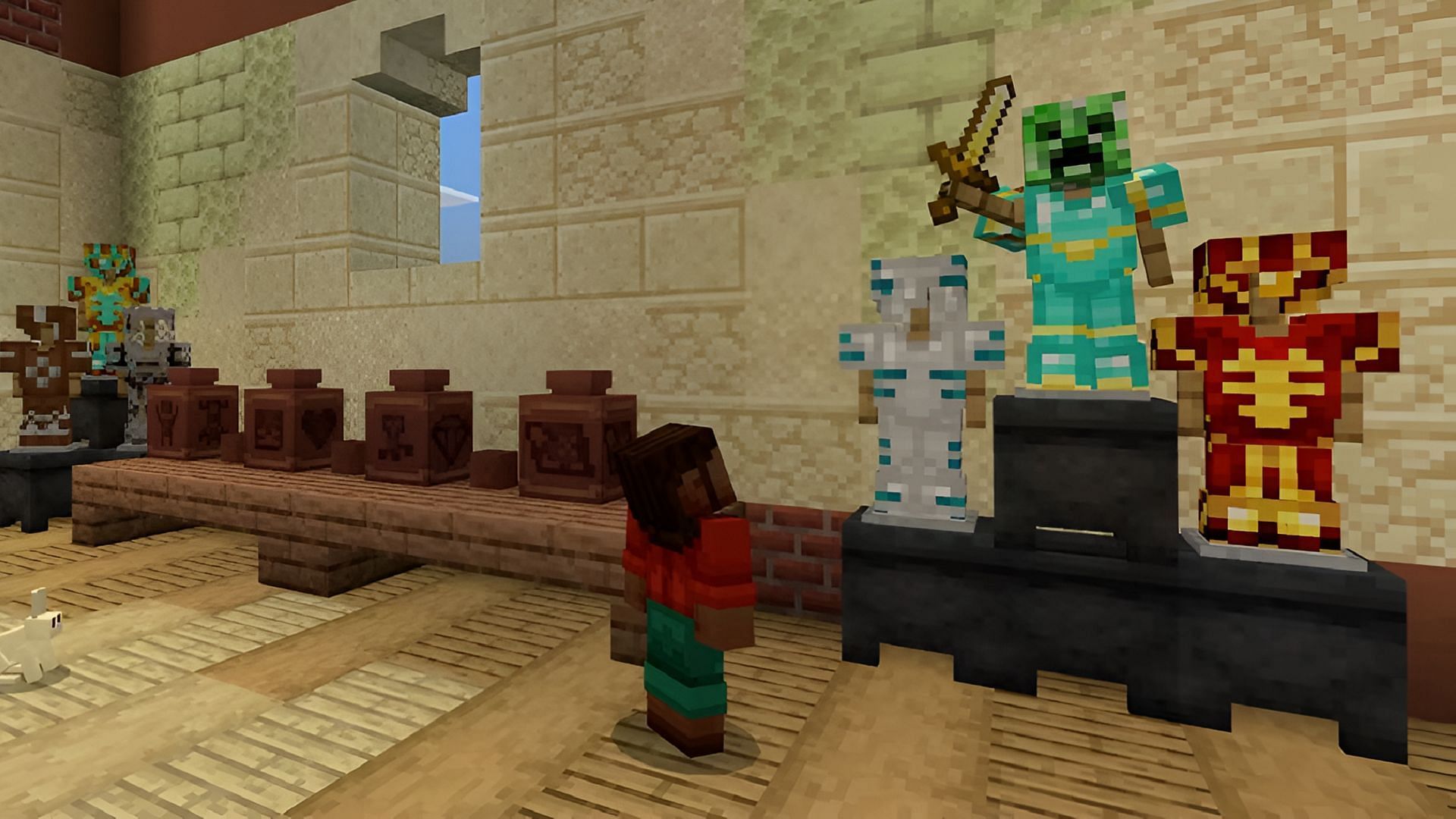 A player gazes at armor on a display in Minecraft.