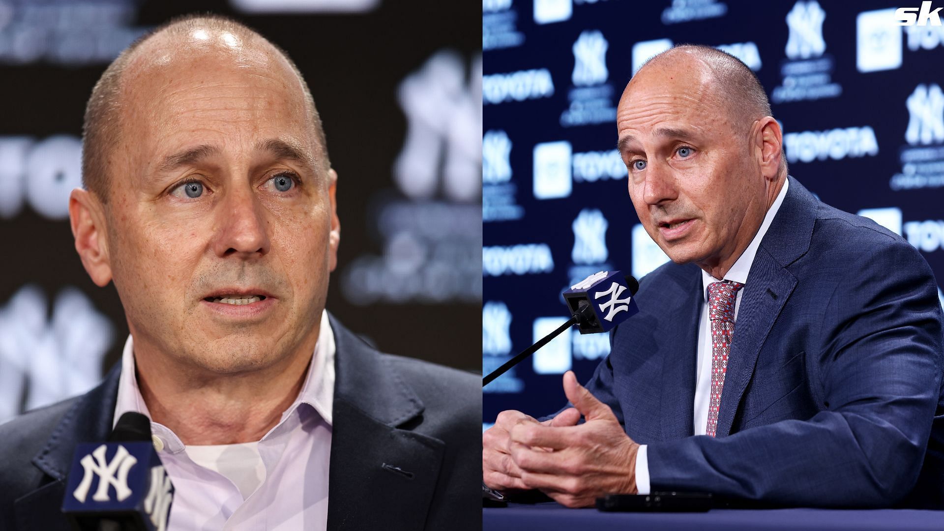 New York Yankee general manager Brian Cashman speaks to the media during a press conference at Yankee Stadium